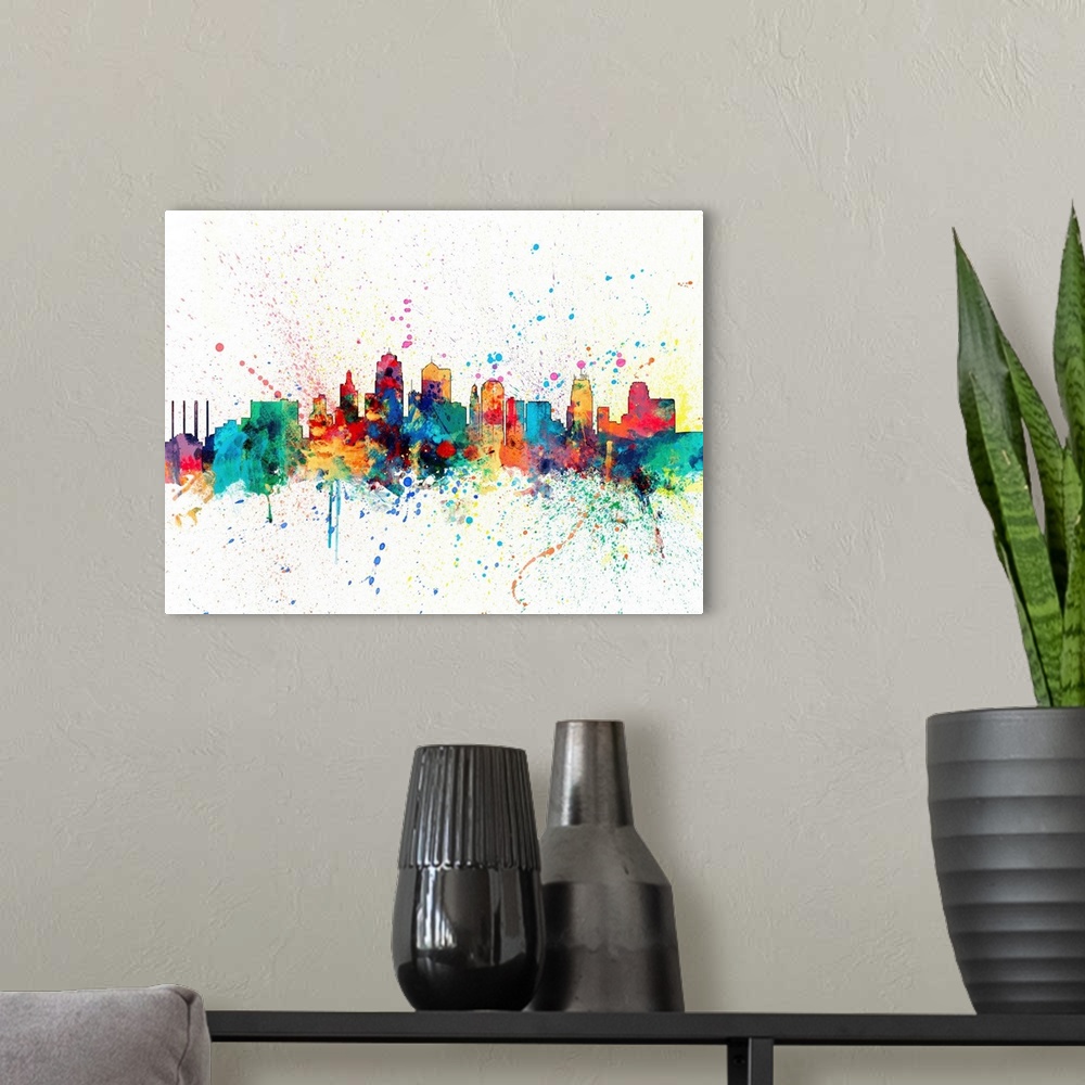 A modern room featuring Wild and vibrant paint splatter silhouette of the Kansas skyline.