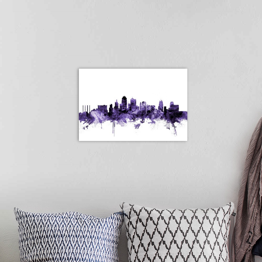 A bohemian room featuring Watercolor art print of the skyline of Kansas City, Missouri, United States