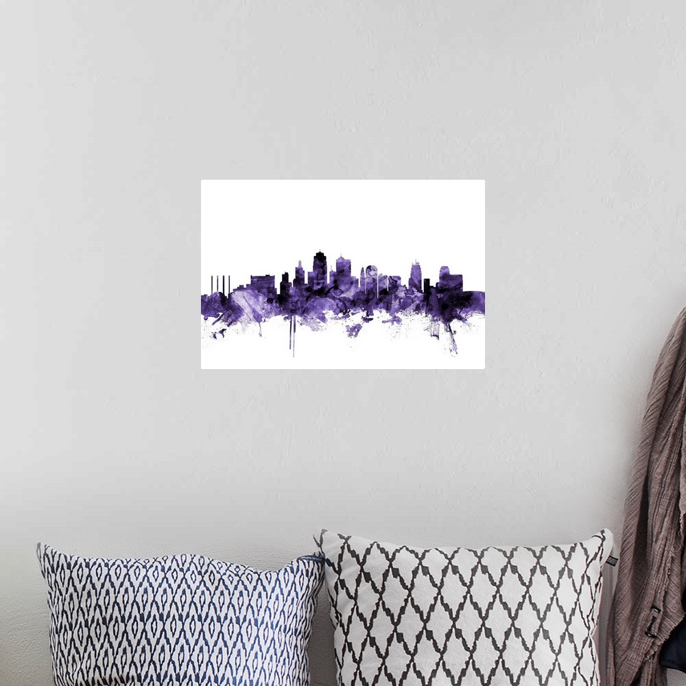 A bohemian room featuring Watercolor art print of the skyline of Kansas City, Missouri, United States