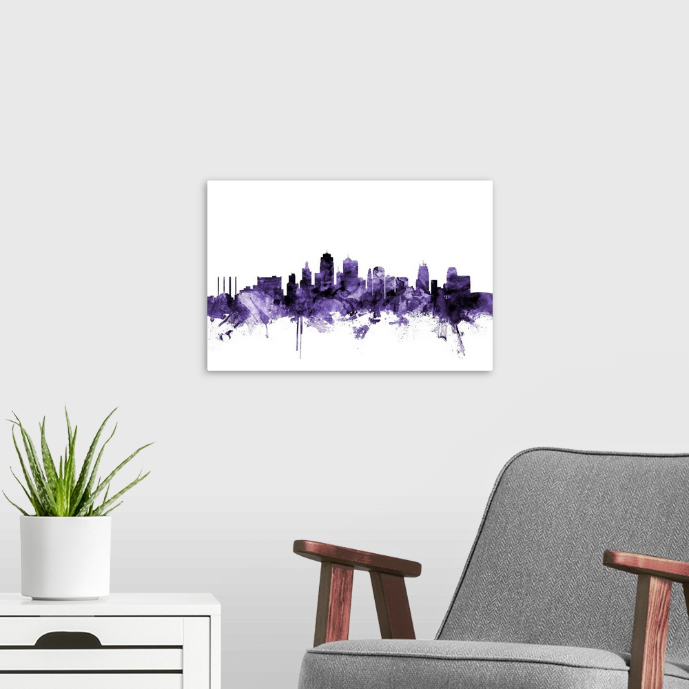 A modern room featuring Watercolor art print of the skyline of Kansas City, Missouri, United States