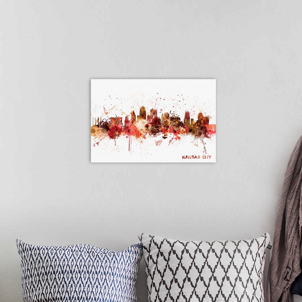 A bohemian room featuring Watercolor and paint splashes art print of the skyline of Kansas City, Missouri, United States.