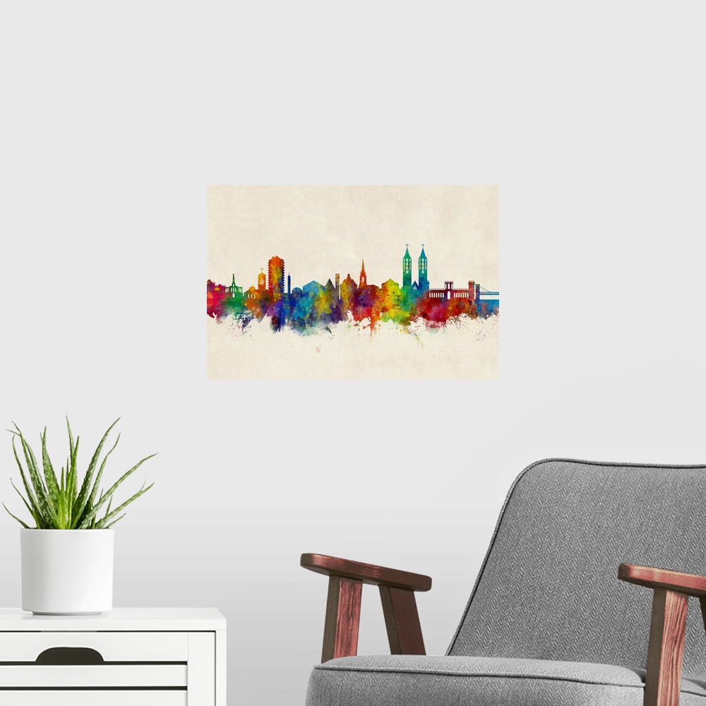 A modern room featuring Watercolor art print of the skyline of Kassel, Germany