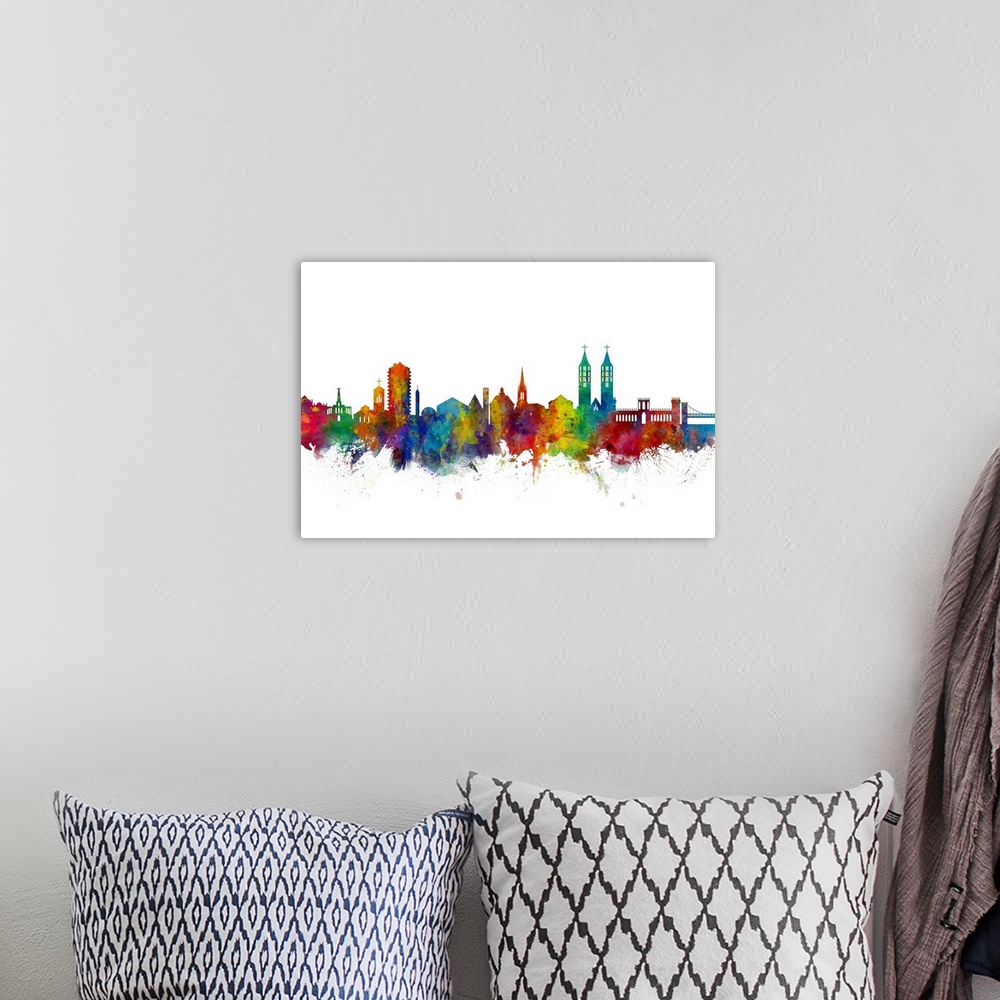 A bohemian room featuring Watercolor art print of the skyline of Kassel, Germany