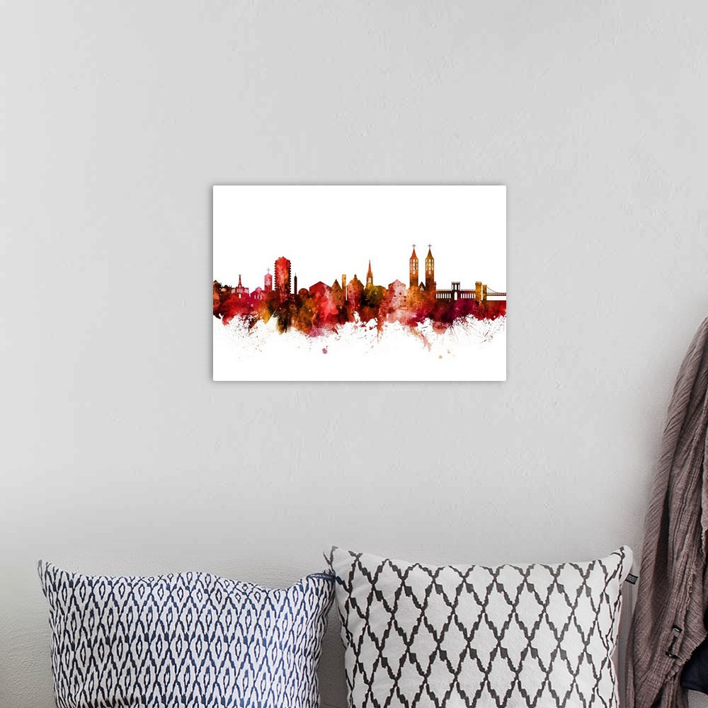 A bohemian room featuring Watercolor art print of the skyline of Kassel, Germany.