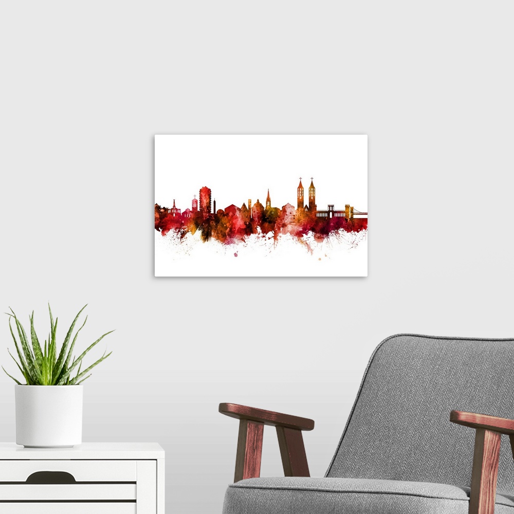 A modern room featuring Watercolor art print of the skyline of Kassel, Germany.