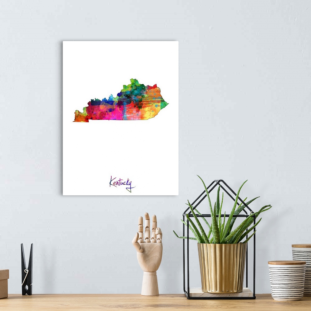 A bohemian room featuring Contemporary artwork of a map of Kentucky made of colorful paint splashes.