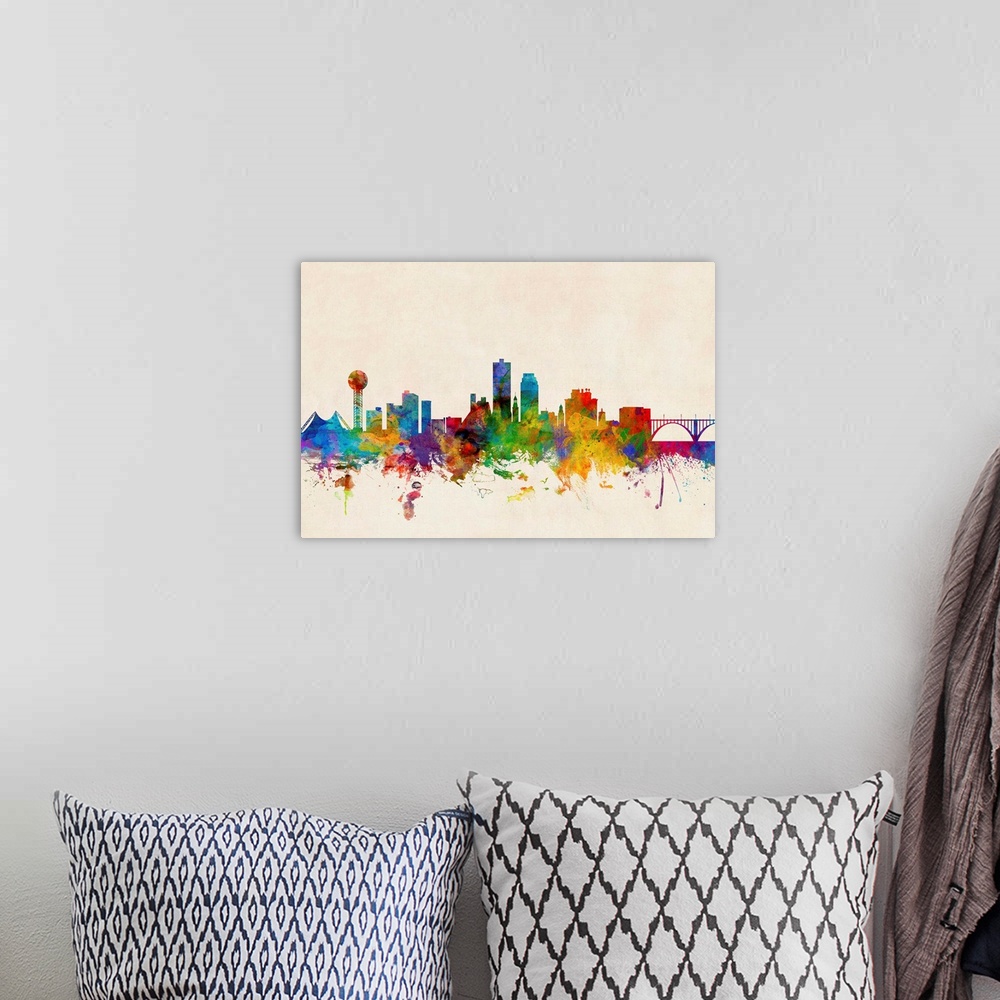 A bohemian room featuring A splattered and splashed watercolor silhouette of the Knoxville city skyline against a distresse...