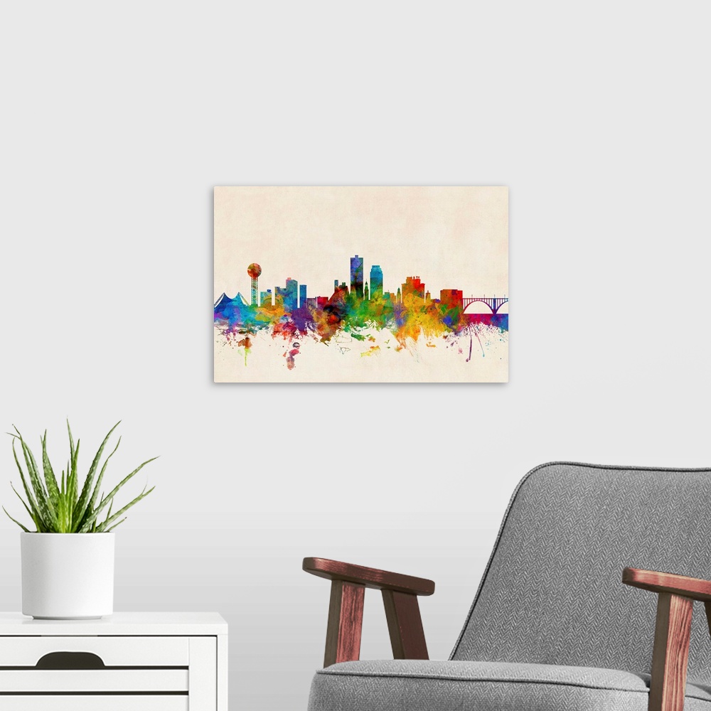A modern room featuring A splattered and splashed watercolor silhouette of the Knoxville city skyline against a distresse...