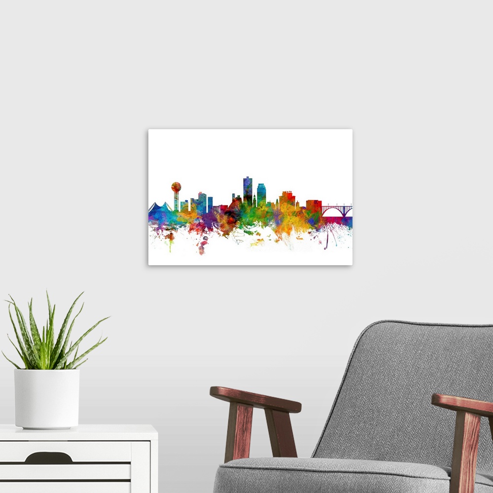 A modern room featuring Colorful watercolor splattered silhouetted of the Knoxville city skyline.