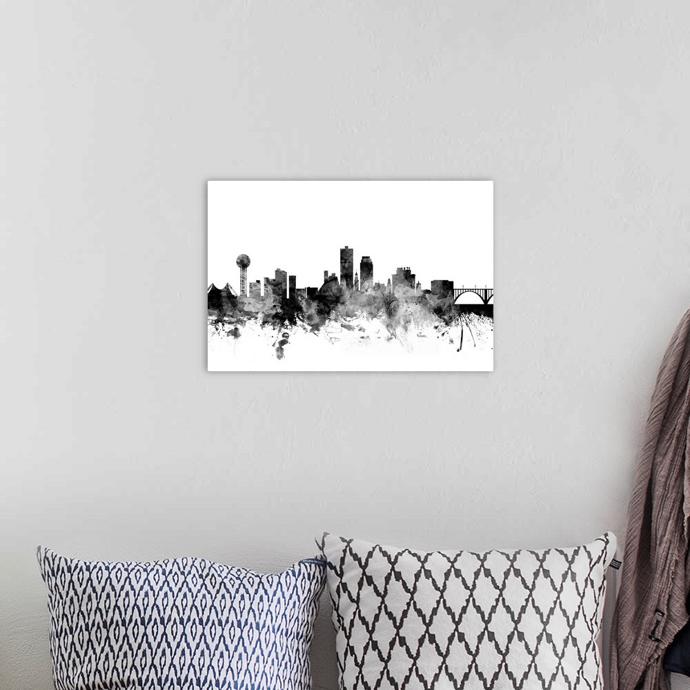A bohemian room featuring Smokey dark watercolor silhouette of the Knoxville city skyline.