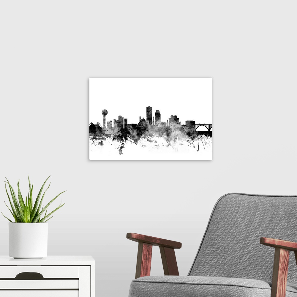 A modern room featuring Smokey dark watercolor silhouette of the Knoxville city skyline.