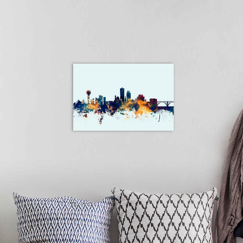 A bohemian room featuring Dark watercolor silhouette of the Knoxville city skyline against a light blue background.