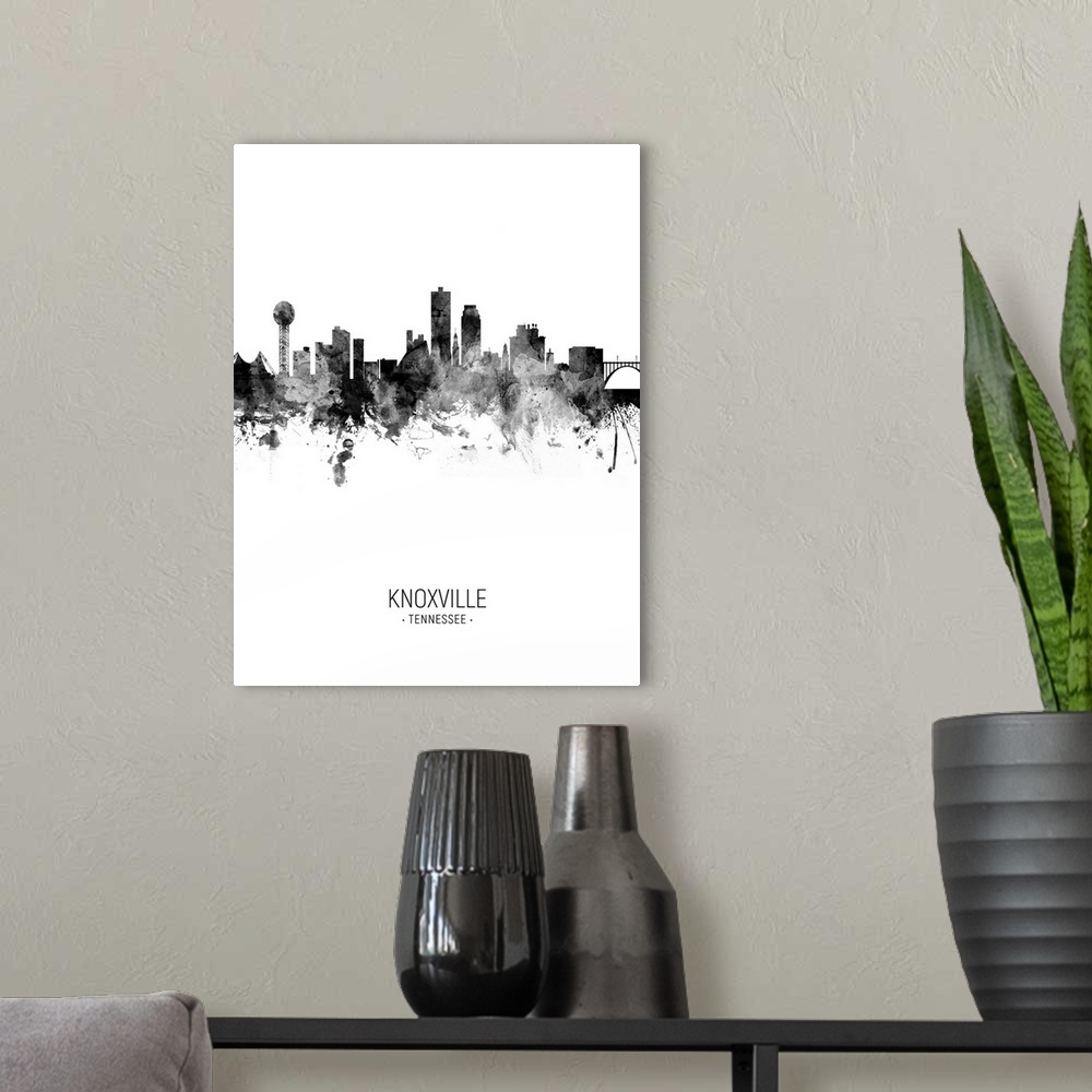 A modern room featuring Watercolor art print of the skyline of Knoxville, Tennessee, United States