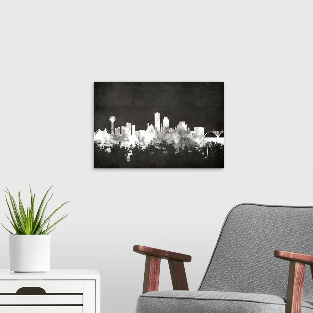 A modern room featuring Art print of the skyline of Knoxville, Tennessee, United States.