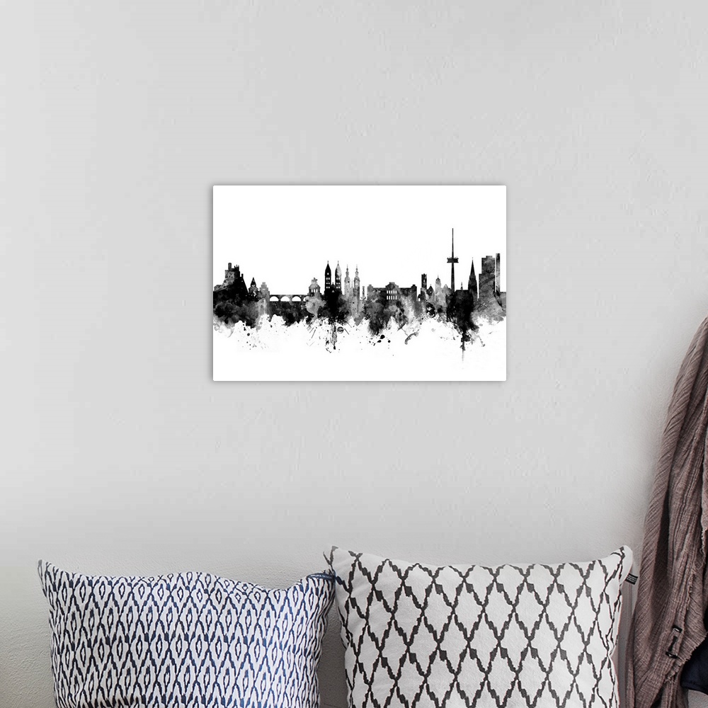 A bohemian room featuring Watercolor art print of the skyline of Koblenz, Germany.
