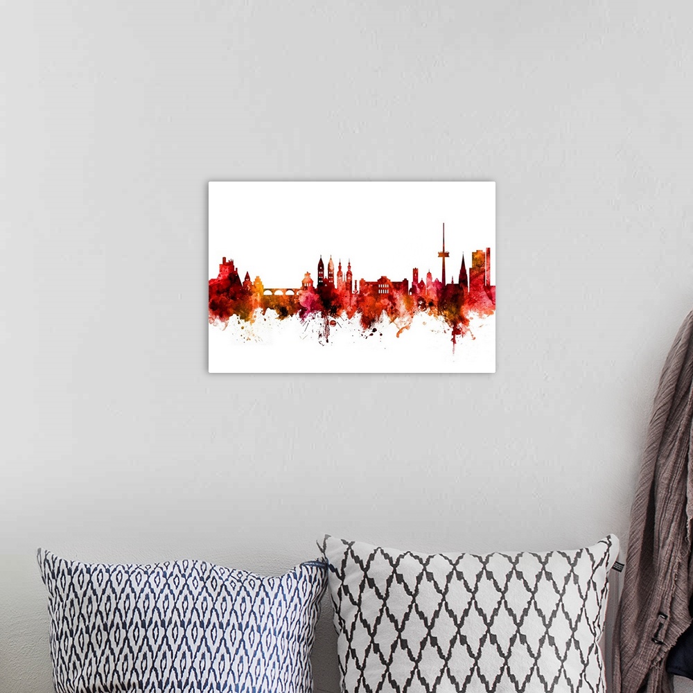 A bohemian room featuring Watercolor art print of the skyline of Koblenz, Germany.