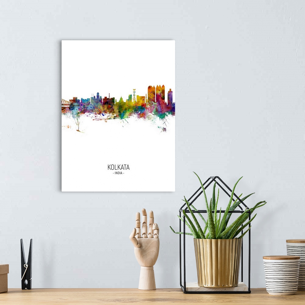 A bohemian room featuring Watercolor art print of the skyline of Kolkata (Calcutta), West Bengal, India