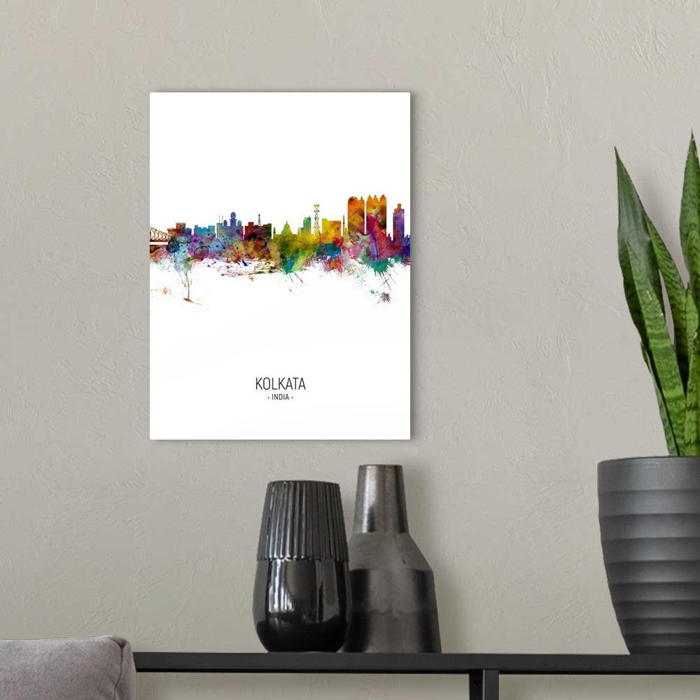A modern room featuring Watercolor art print of the skyline of Kolkata (Calcutta), West Bengal, India