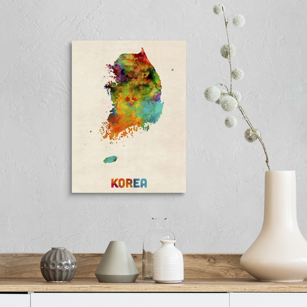 A farmhouse room featuring Watercolor art map of the country Korea against a weathered beige background.