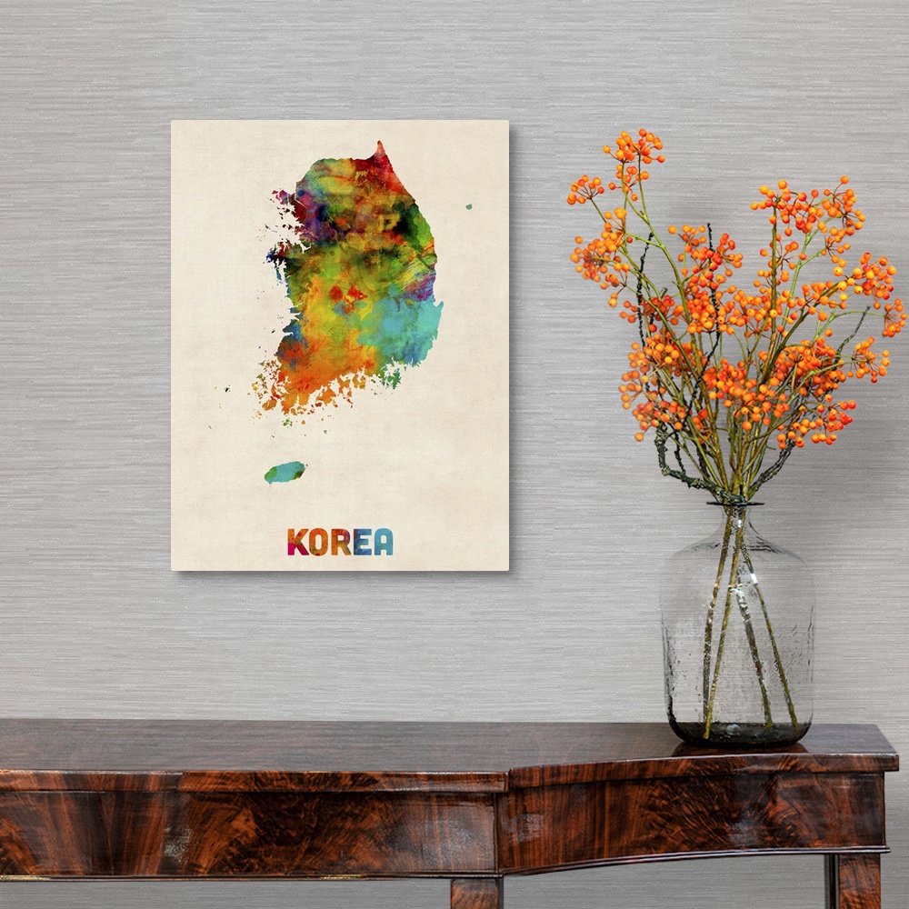 A traditional room featuring Watercolor art map of the country Korea against a weathered beige background.