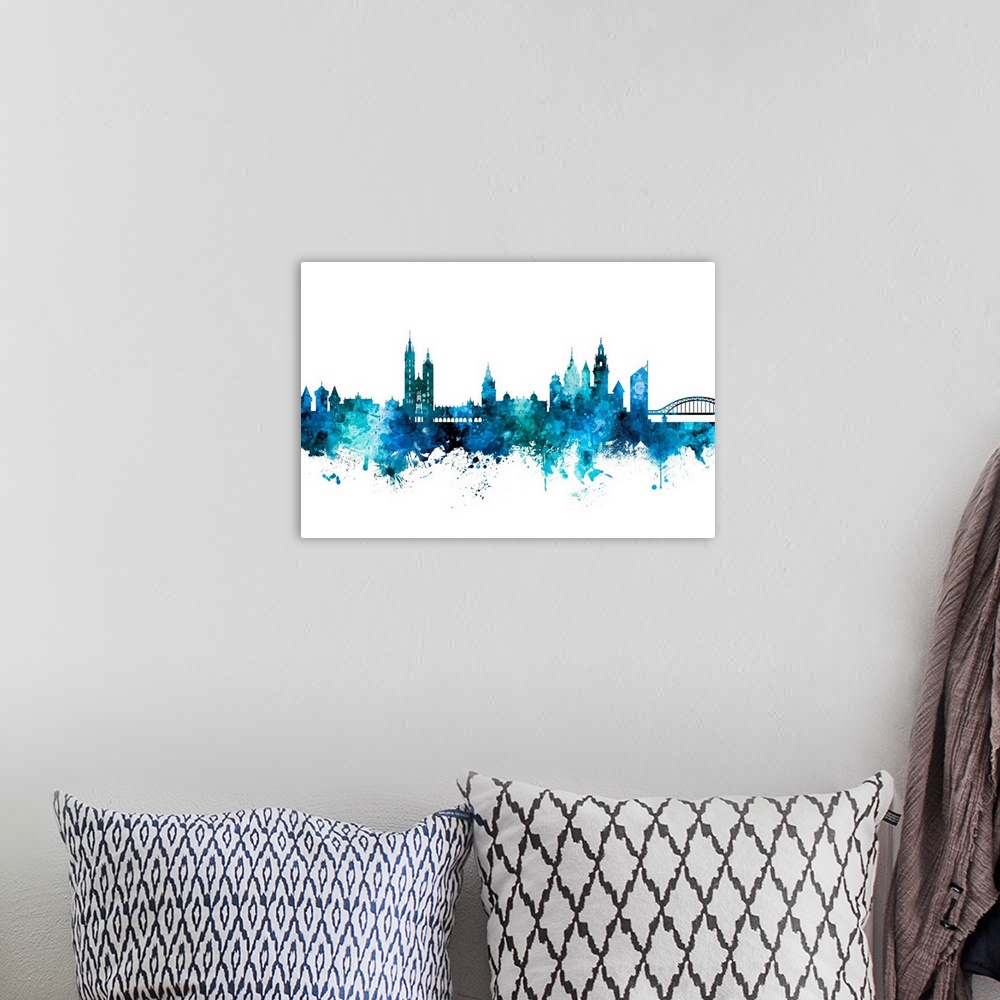 A bohemian room featuring Watercolor art print of the skyline of Krakow, Poland.