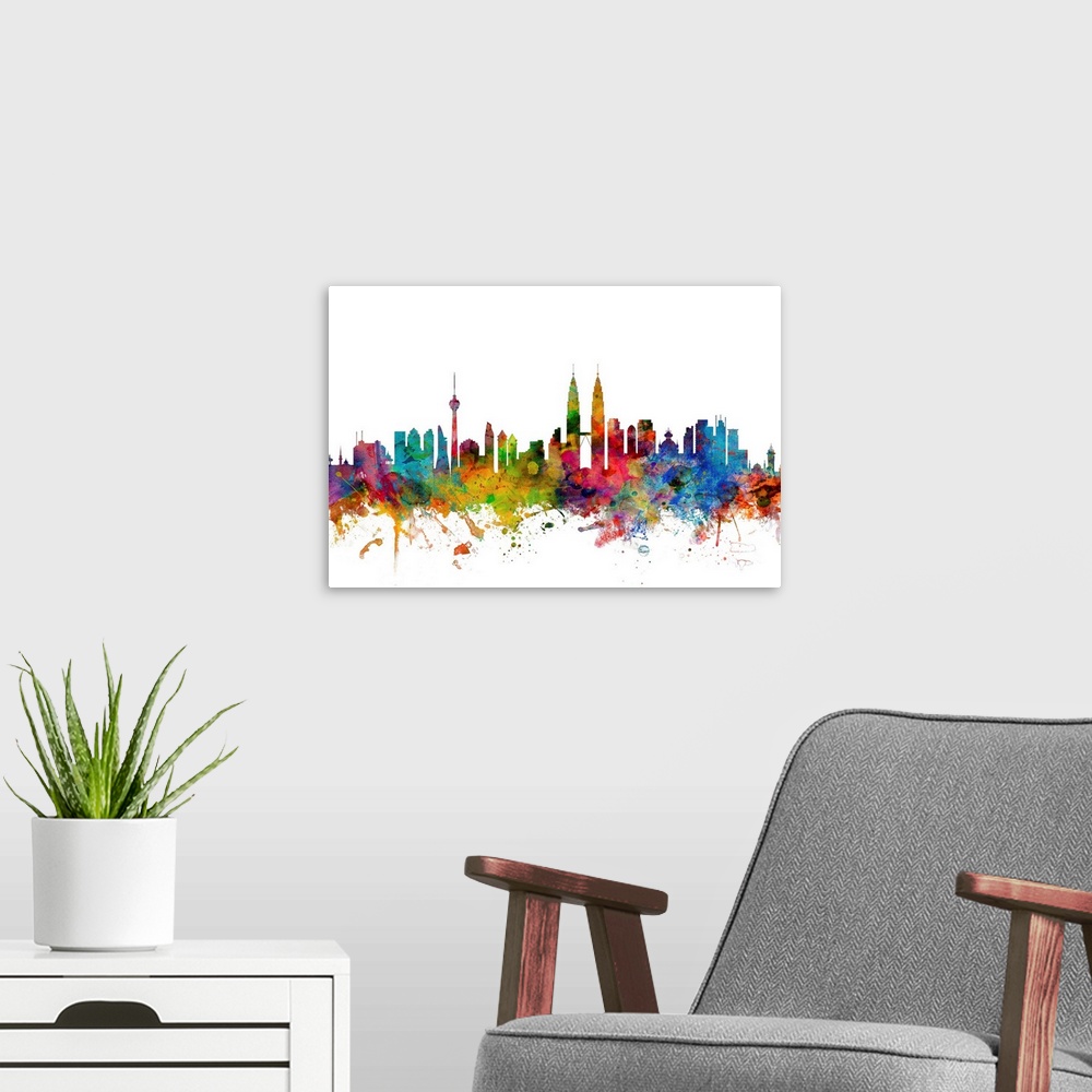 A modern room featuring Watercolor artwork of the Kuala Lumpur skyline against a white background.