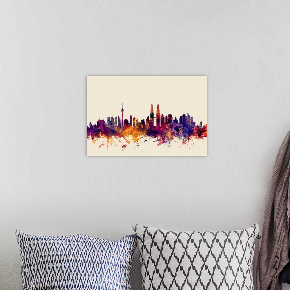 A bohemian room featuring Contemporary artwork of the Kuala Lumpur city skyline in watercolor paint splashes.