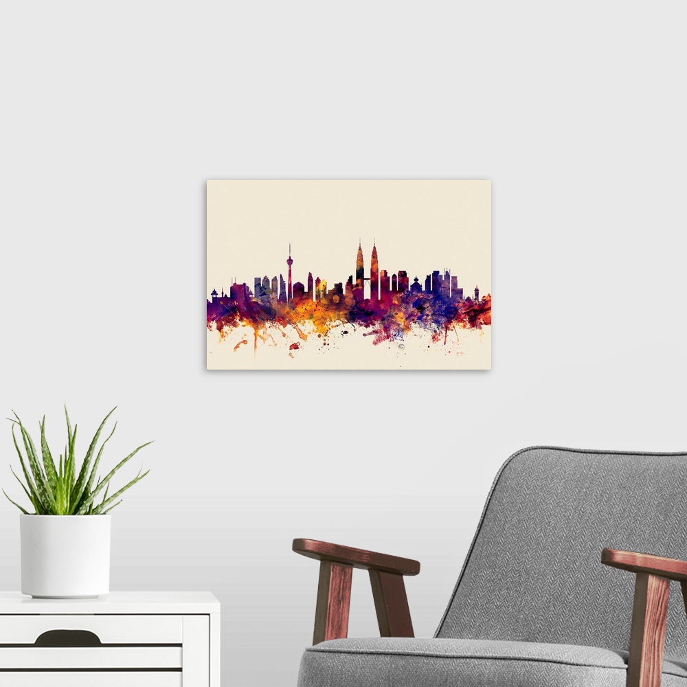 A modern room featuring Contemporary artwork of the Kuala Lumpur city skyline in watercolor paint splashes.