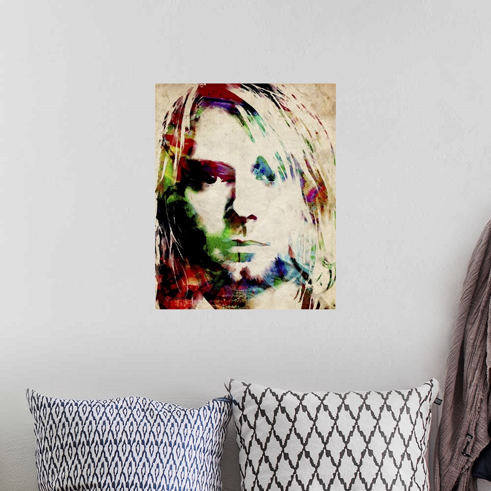 A bohemian room featuring A mix of traditional watercolor and digital work. Kurt Cobain was an American singer-songwriter, ...
