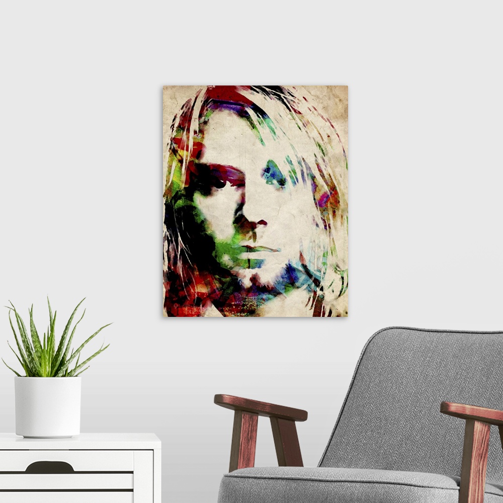 A modern room featuring A mix of traditional watercolor and digital work. Kurt Cobain was an American singer-songwriter, ...