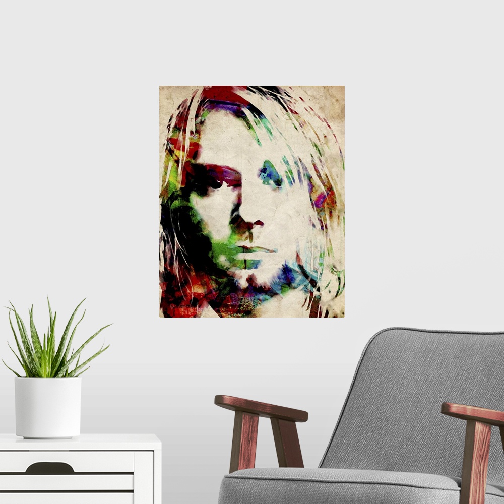 A modern room featuring A mix of traditional watercolor and digital work. Kurt Cobain was an American singer-songwriter, ...