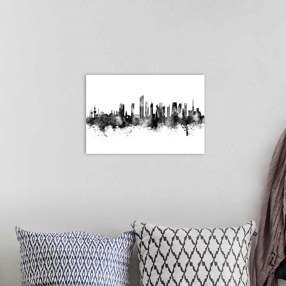 A bohemian room featuring Watercolor art print of the skyline of Kuwait City
