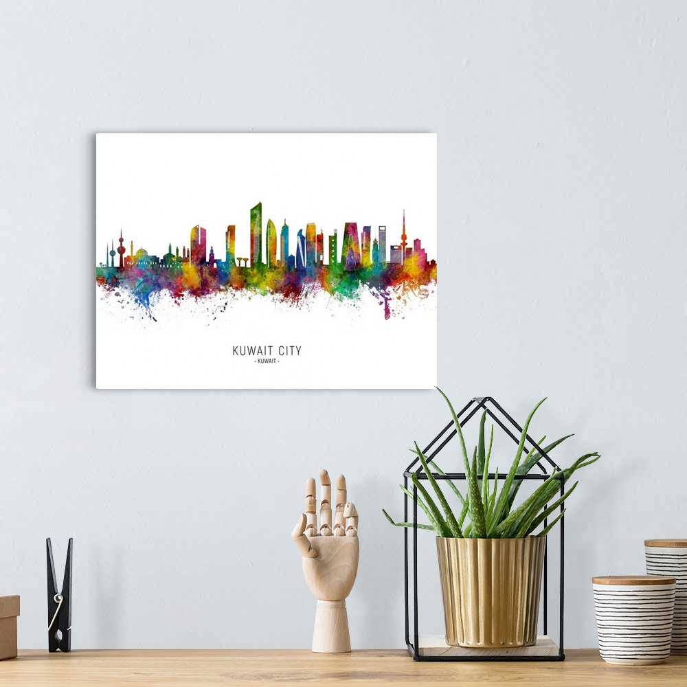 A bohemian room featuring Watercolor art print of the skyline of Kuwait City