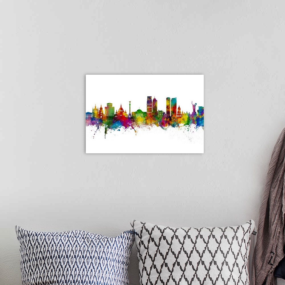 A bohemian room featuring Watercolor art print of the skyline of Kyiv, Ukraine