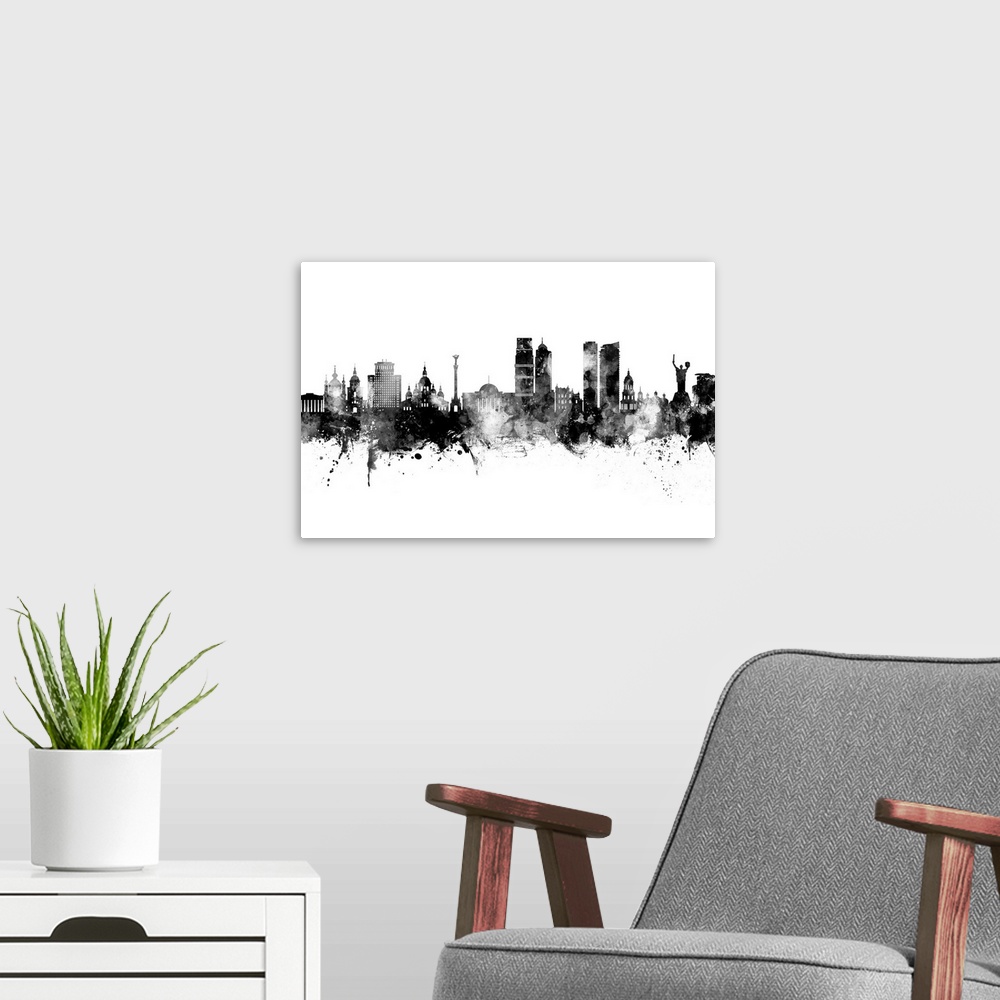 A modern room featuring Watercolor art print of the skyline of Kyiv, Ukraine