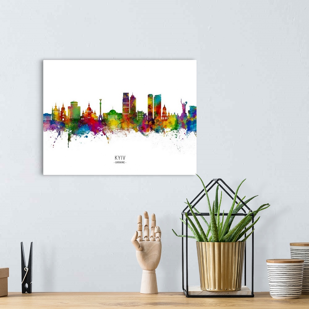 A bohemian room featuring Watercolor art print of the skyline of Kyiv, Ukraine