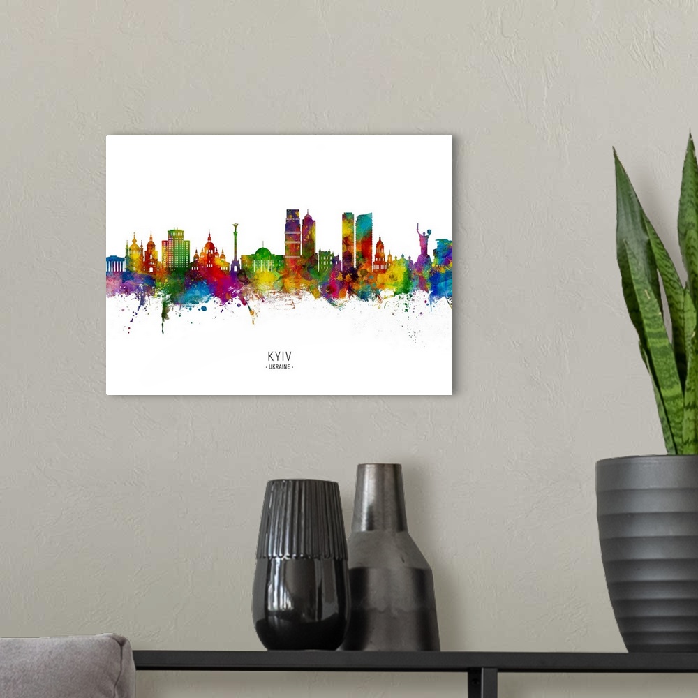 A modern room featuring Watercolor art print of the skyline of Kyiv, Ukraine