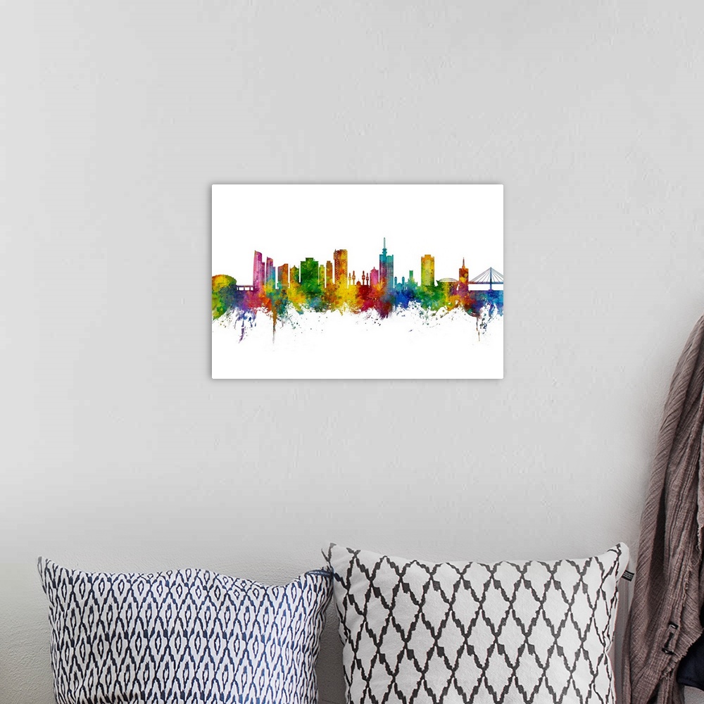 A bohemian room featuring Watercolor art print of the skyline of Lagos, Nigeria