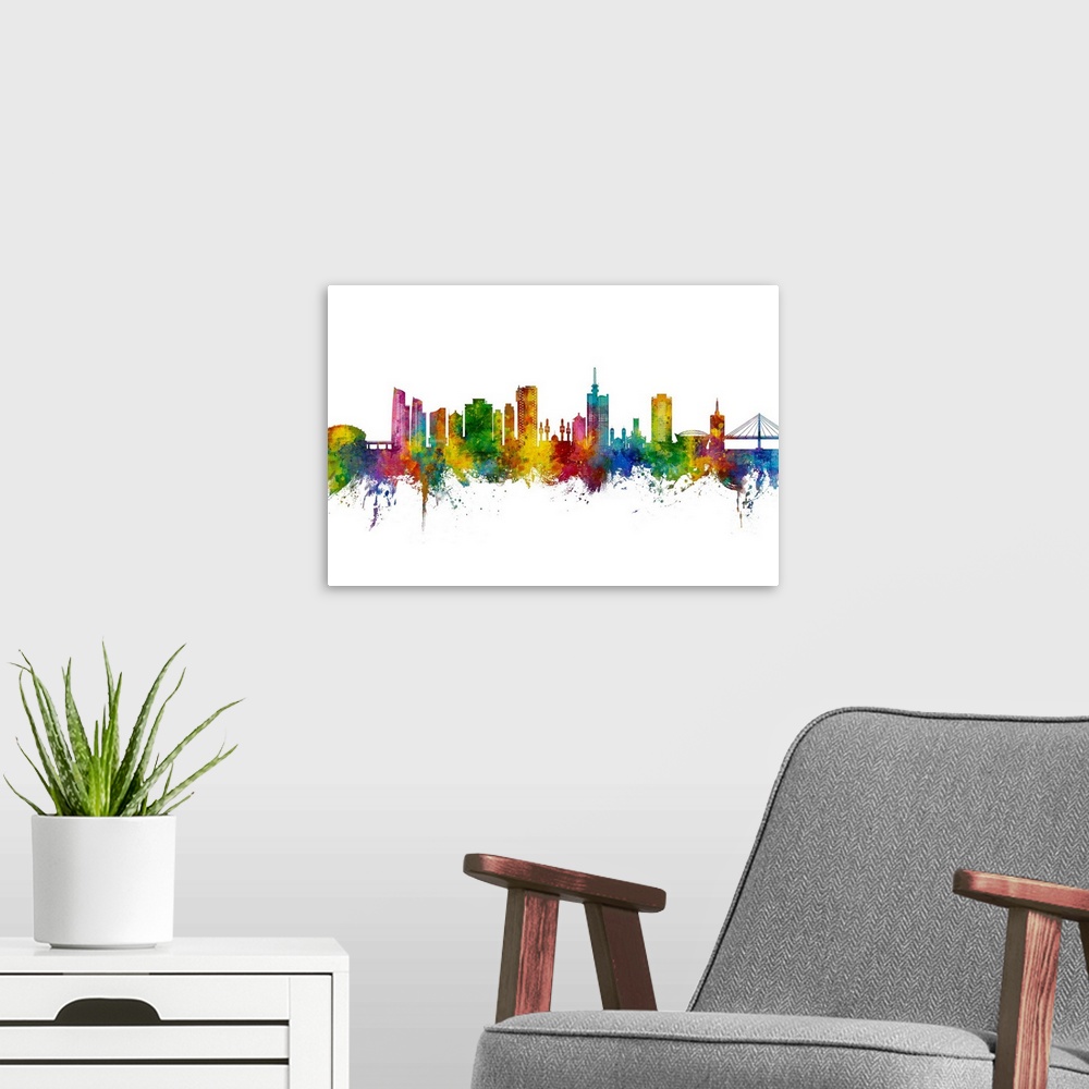 A modern room featuring Watercolor art print of the skyline of Lagos, Nigeria