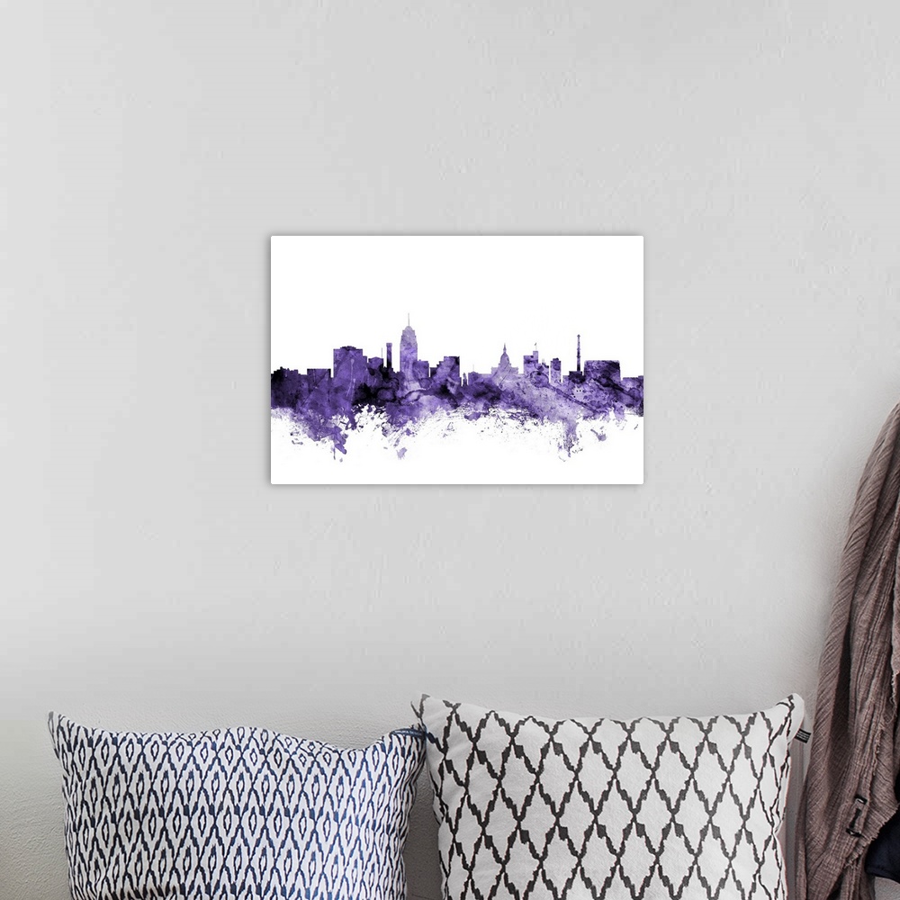 A bohemian room featuring Watercolor art print of the skyline of Lansing, Michigan, United States