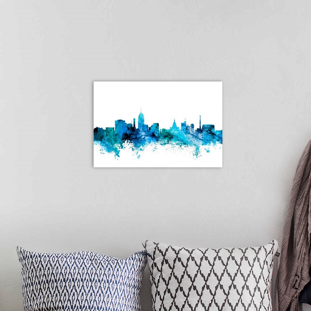 A bohemian room featuring Watercolor art print of the skyline of Lansing, Michigan, United States.