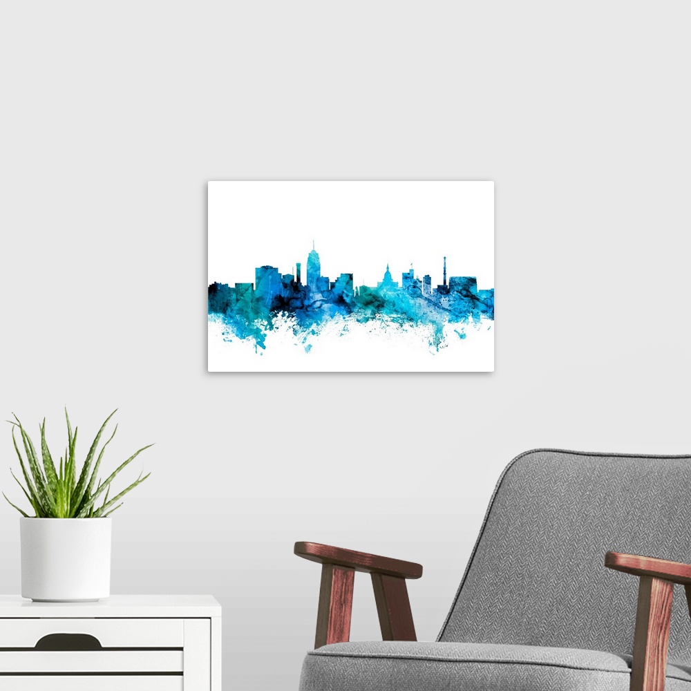 A modern room featuring Watercolor art print of the skyline of Lansing, Michigan, United States.