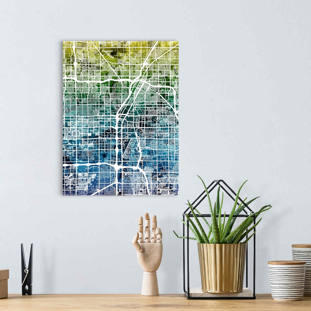 A bohemian room featuring Contemporary watercolor city street map of Las Vegas.