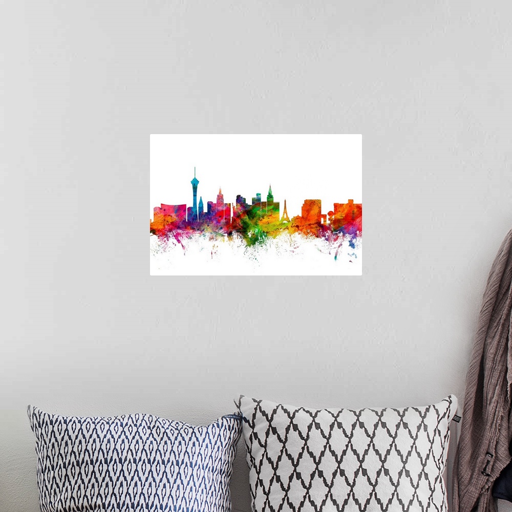 A bohemian room featuring Watercolor artwork of the Las Vegas skyline against a white background.