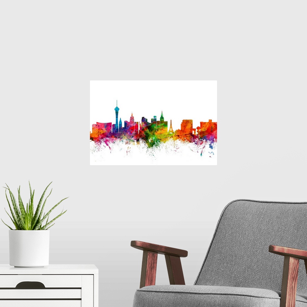 A modern room featuring Watercolor artwork of the Las Vegas skyline against a white background.