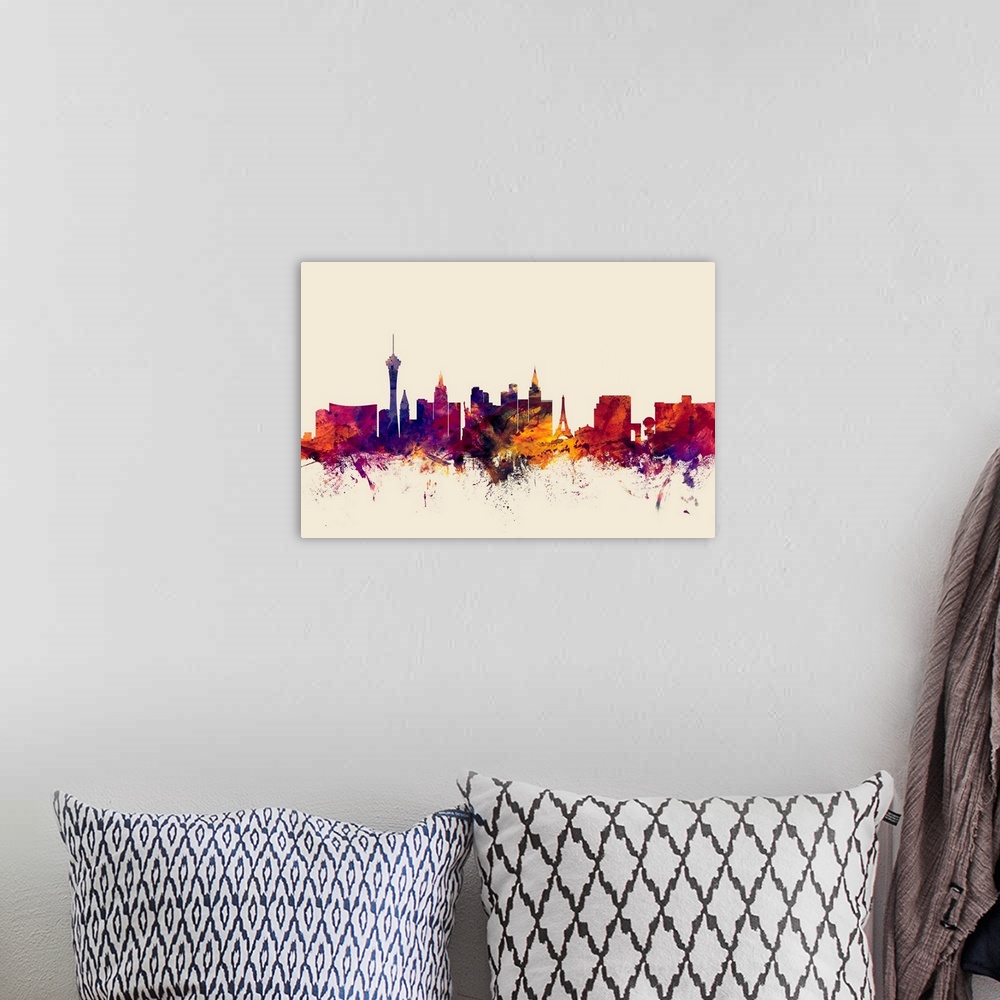 A bohemian room featuring Contemporary artwork of the Las Vegas city skyline in watercolor paint splashes.