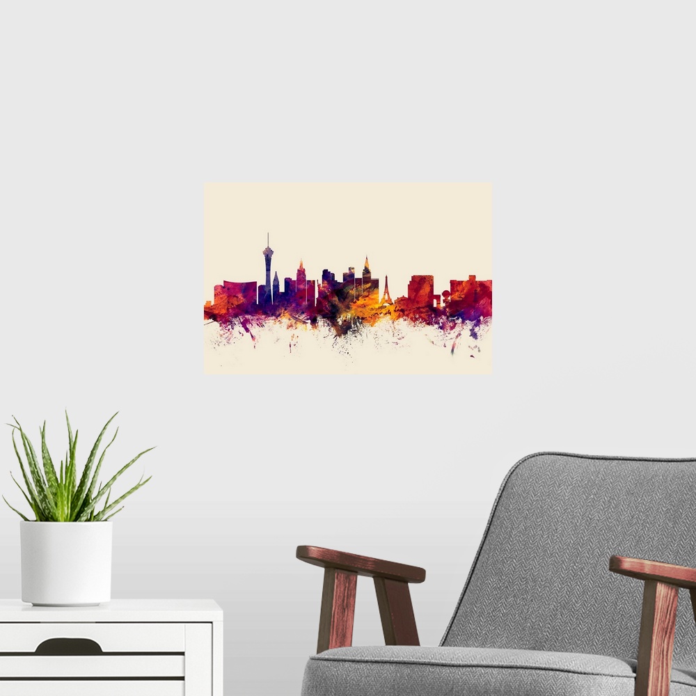 A modern room featuring Contemporary artwork of the Las Vegas city skyline in watercolor paint splashes.
