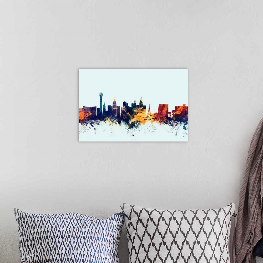 A bohemian room featuring Dark watercolor silhouette of the Las Vegas city skyline against a light blue background.