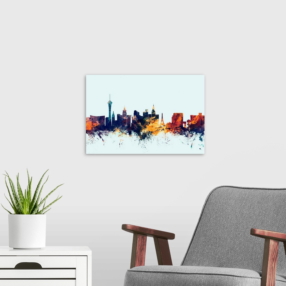 A modern room featuring Dark watercolor silhouette of the Las Vegas city skyline against a light blue background.