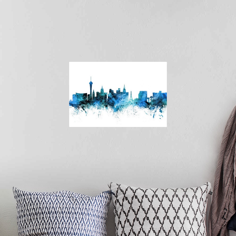 A bohemian room featuring Watercolor art print of the skyline of Las Vegas, Nevada, United States